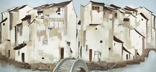 吴冠中《周庄》，149X297cm，1997年作，拍出了2.36亿港币天价