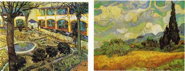 ① 圣保罗疗养院的庭院 1889年4月 圣雷米  ② 有柏树的麦田 1889年6月 圣雷米